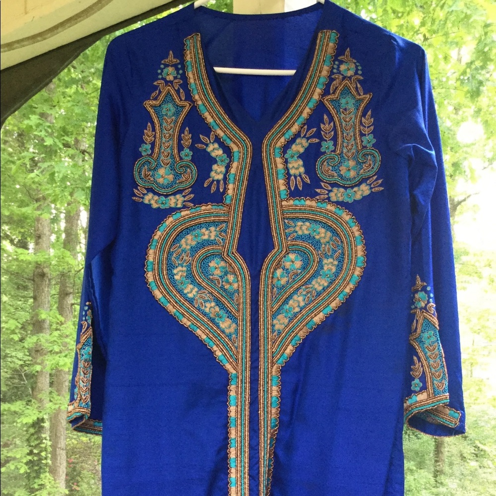 Embroidered Beaded Indian Kurta Blue Turquoise Gold